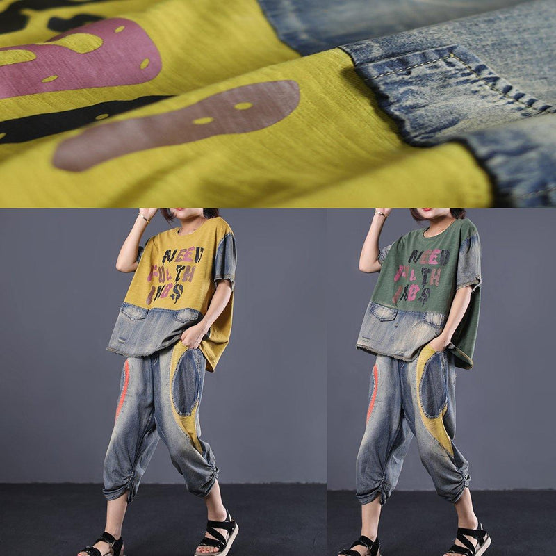 Cotton Yellow Two Pieces Loose Patchwork Tops and Elastic Waist Pants