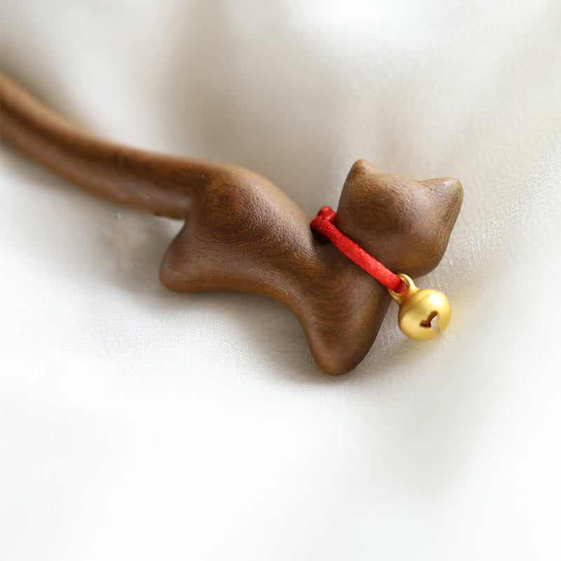 Cat-shaped Sandalwood Chinese Hairpin for Protection and Calm