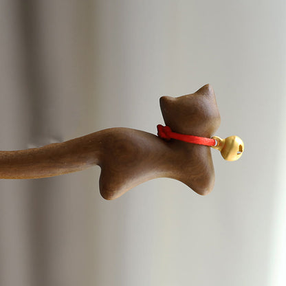 Cat-shaped Sandalwood Chinese Hairpin for Protection and Calm