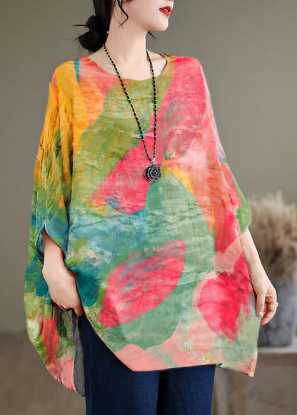 Red O Neck Striped Cotton Blouse Tops Batwing Sleeve