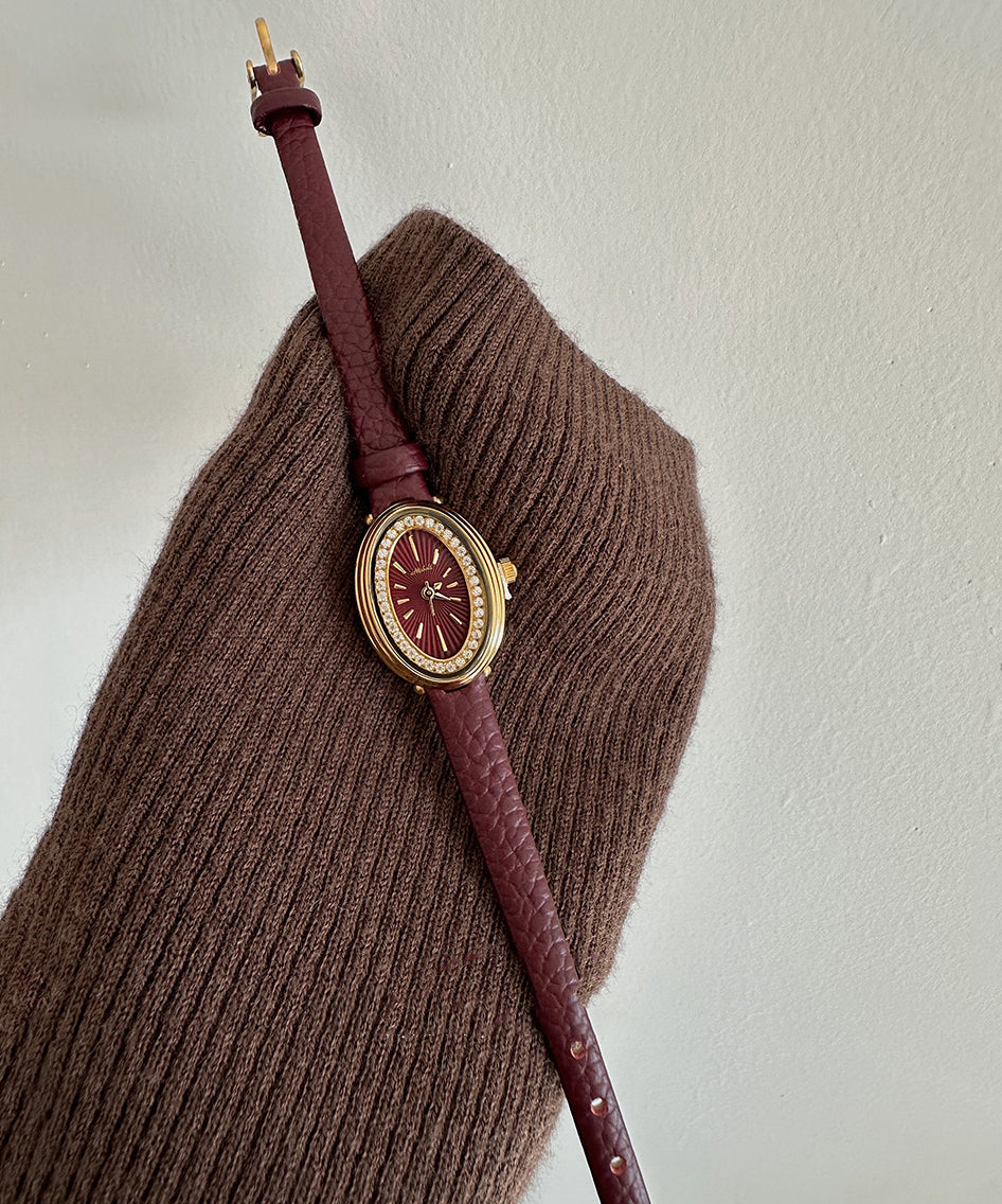 Stylish Dark Red Leather Zircon Hardlex Crystal Watches