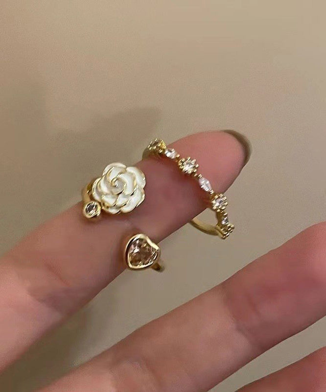 Camellia Heart Ring Design Open Adjustable Finger Two-piece Set