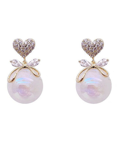 White Copper Overgild 14k Gold Pearl Zircon Bow Drop Earrings