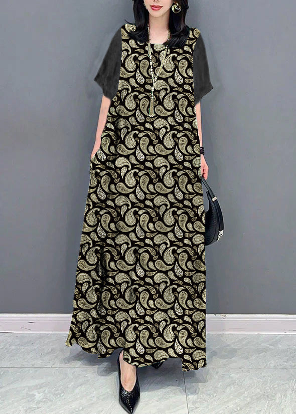 Black Texture O Neck Pockets Print Patchwork Silk Long Dresses Summer
