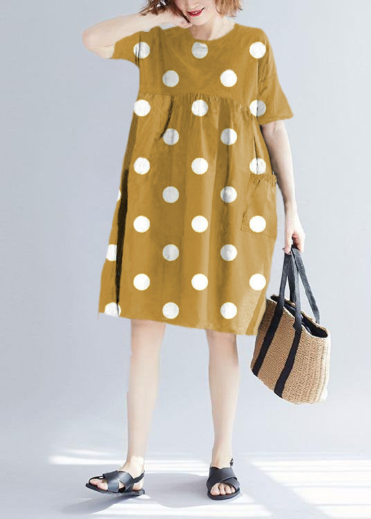 Yellow Polka Dots Cotton Blended O Neck Pockets Loose Summer Dresses