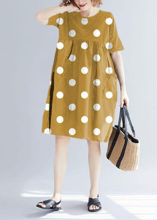 Green Cashew Nuts Dots Cotton Blended O Neck Pockets Loose Summer Dresses