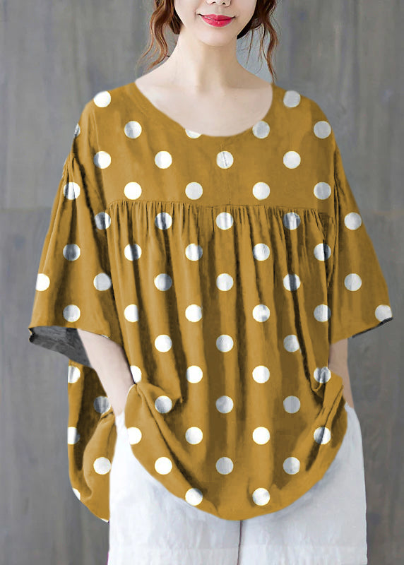 Yellow Polka Dots O-neck Wrinkled Cotton Tank Tops Half Sleeve