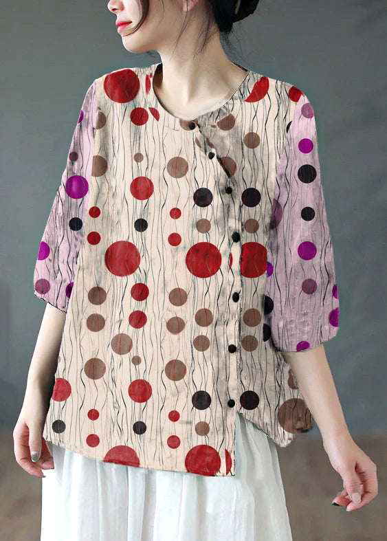 Vintageyellow Polka Dots Asymmetrical Button Patchwork Linen Shirt Summer