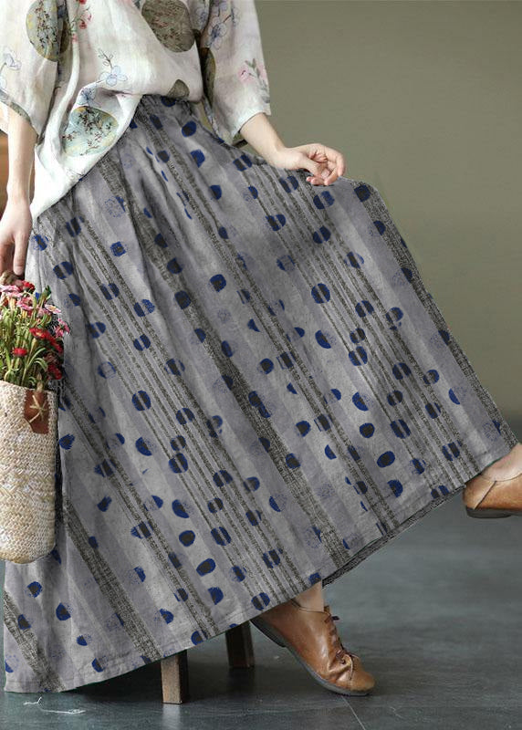 Brown Flower Ramie Elastic Waist Skirt