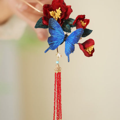 Chinese Hairpin | Red Flower & Blue Butterfly Design