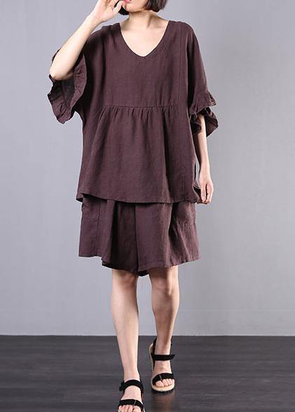 Chocolate Cotton Linen V Neck Ruffles Tops and Shorts Two Pieces