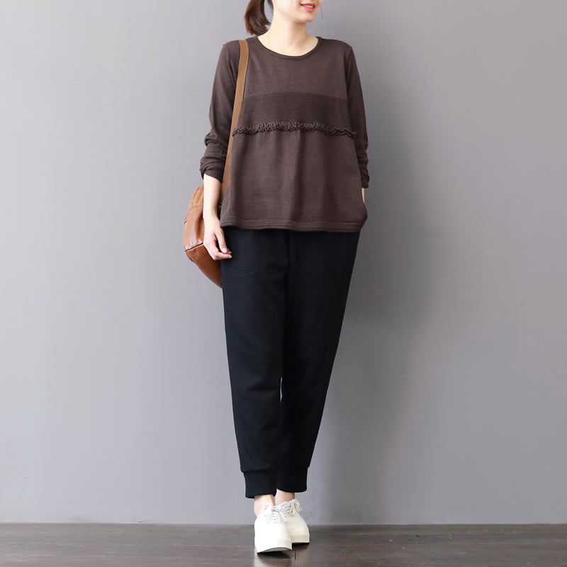 Chunky Chocolate Winter Sweater Patchwork Knitted Blouses Ruffles Top