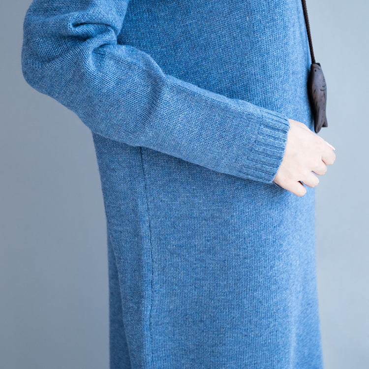 Chunky Dark Blue Knit Dresses Loose Fitting Patchwork Spring Dresses High Neck Pullover