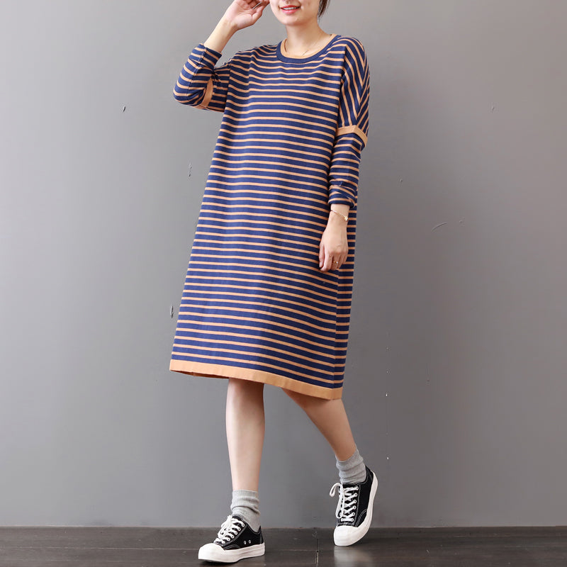 Chunky Striped Sweater Dress Oversize O Neck Winter Dresses Long Sleeve Winter Dress
