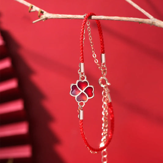 Color-changing Four Leaf Clover Red String Bracelet in 925 Silver for Luck