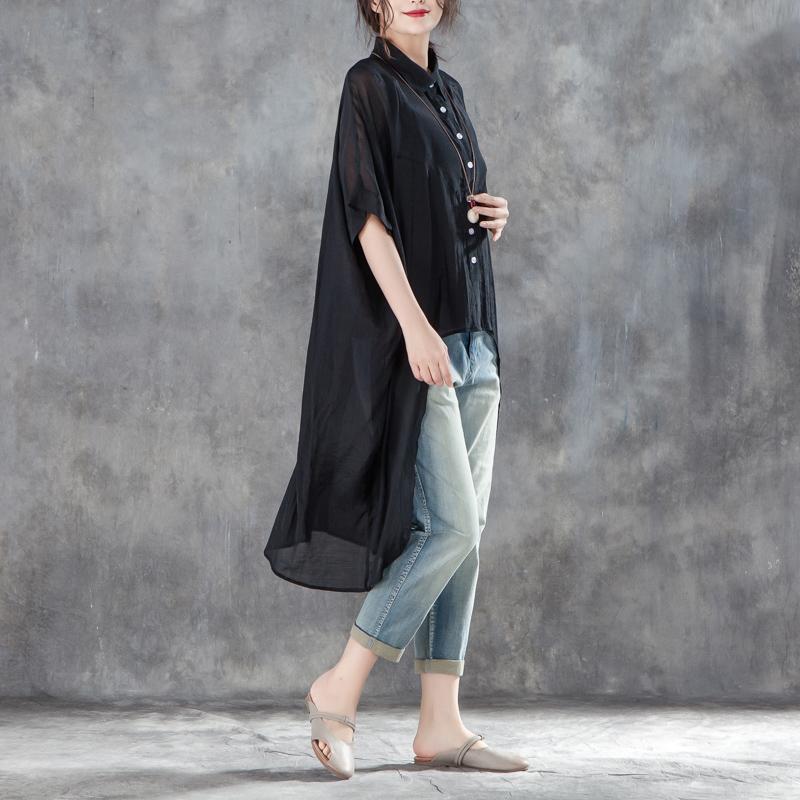 Cotton,polyester Summer T Shirt Oversized Single Breasted Short Sleeve Loose Irregular Black Blouse