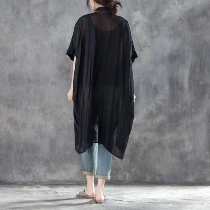 Cotton,polyester Summer T Shirt Oversized Single Breasted Short Sleeve Loose Irregular Black Blouse
