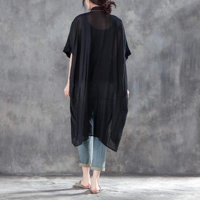 Cotton,polyester Summer T Shirt Oversized Single Breasted Short Sleeve Loose Irregular Black Blouse