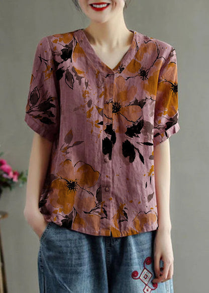 Loose Pink V Neck Embroideried Summer Cotton Blend Shirt