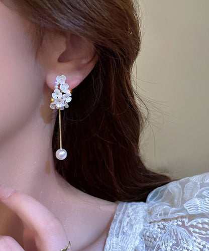 Fine White Copper Alloy Zircon Pearl Tassel Drop Earrings