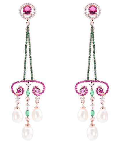 Art Purple Sterling Silver Pearl Zircon Water Drop Tassel Drop Earrings