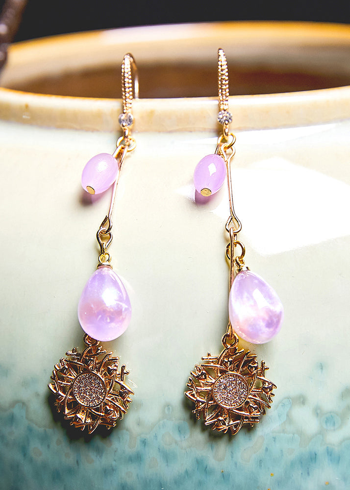 Style Purple Water Droplet Beads Sunflower 14k Gold Drop Earrings