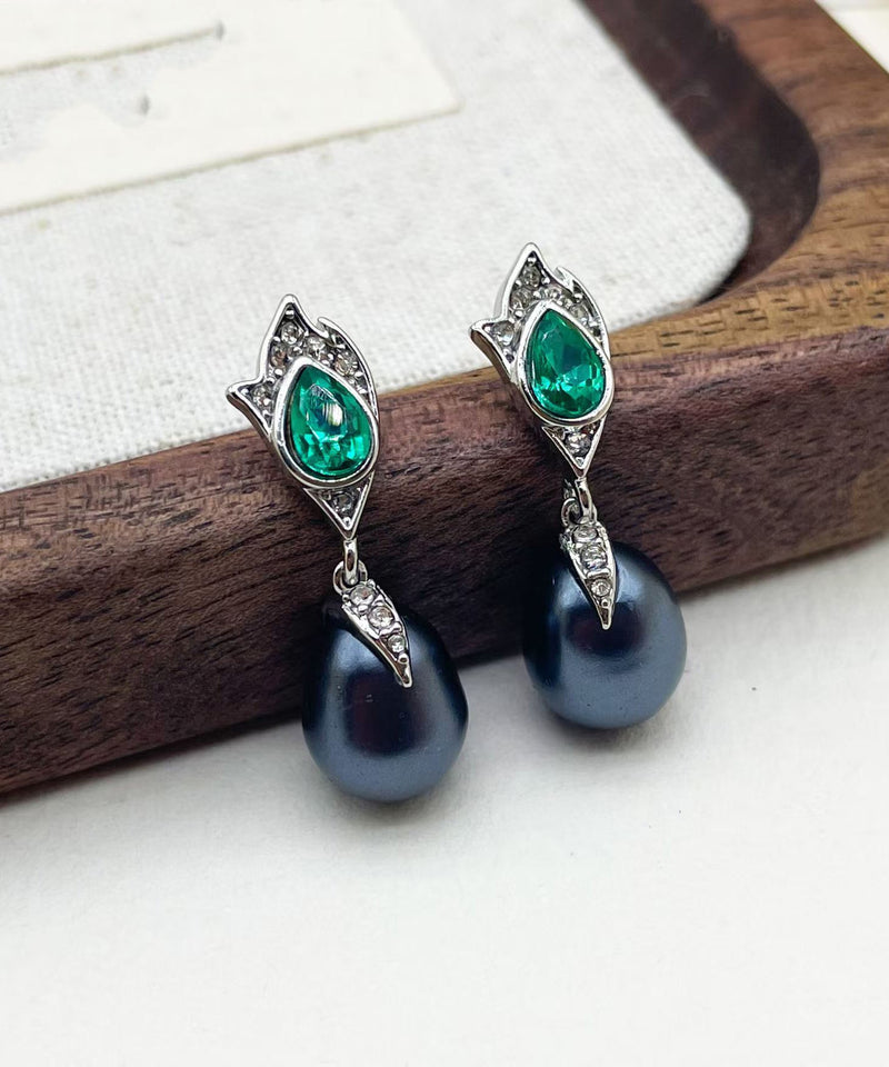 Retro Royal Blue Copper Glass Pearl Tassel Drop Earrings