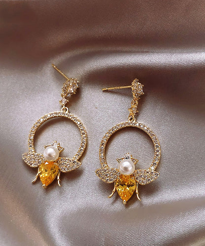 Yellow Alloy Crystal Zircon Bee Hoop Earrings