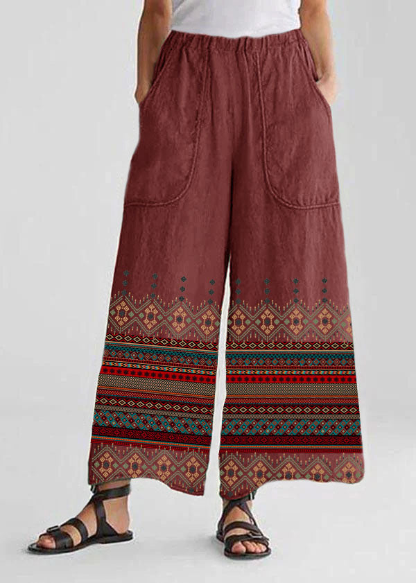 Cotton Linen Yellow Geometry Loose Wide Leg Pants