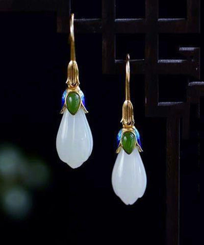 Gold Sterling Silver Overgild Jade Cloisonne Orchid Stud Earrings