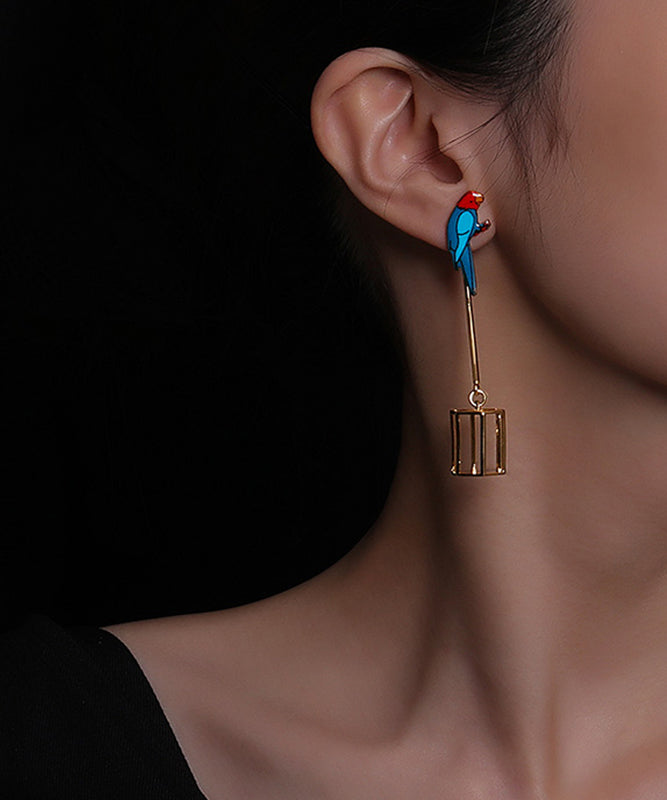 Original Design Gold Sterling Silver Overgild Asymmetrical Parrot Birdcage Drop Earrings