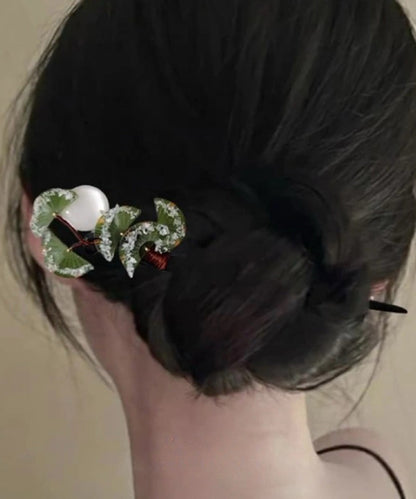 Brown Wooden Fan Transparent Beads Hairpin