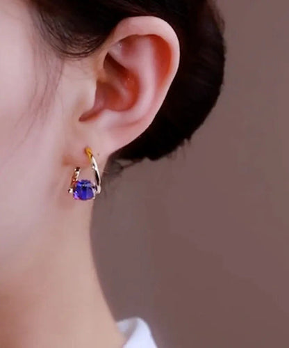 Blue Alloy Zircon Crystal Drip Glaze Hoop Earrings