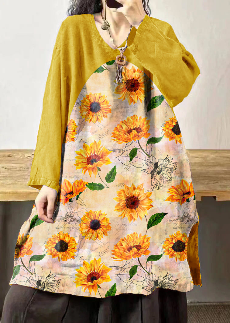Mulberry V Neck Embroidered Patchwork Linen Mid Dresses Fall