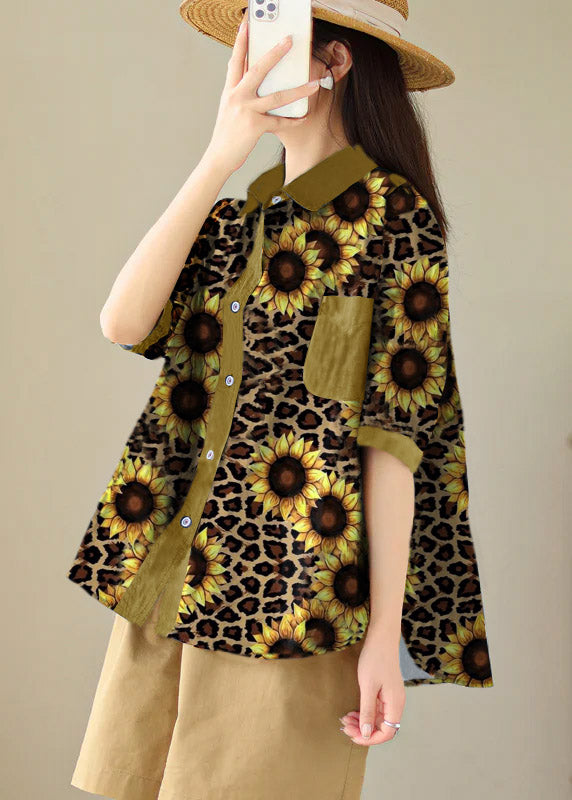 Navy Peter Pan Collar Print Cotton Shirt Tops Summer