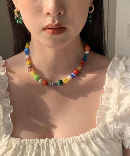 Rainbow Sterling Silver Overgild Asymmetric Gem Stone Gratuated Bead Necklace