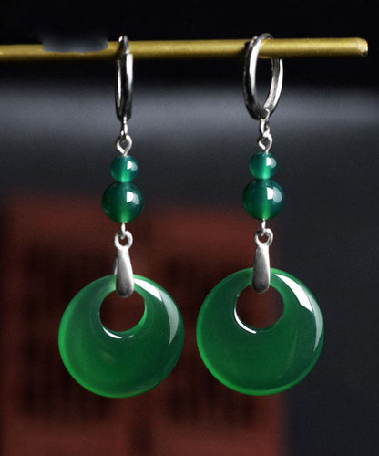 Green Sterling Silver Inlaid Chalcedony Drop Earrings