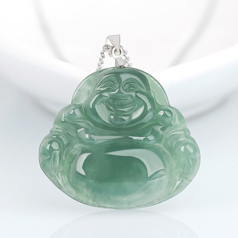 Buddha Stones Laughing Buddha Jade Protection Calm Titanium Steel Chain Necklace Pendant