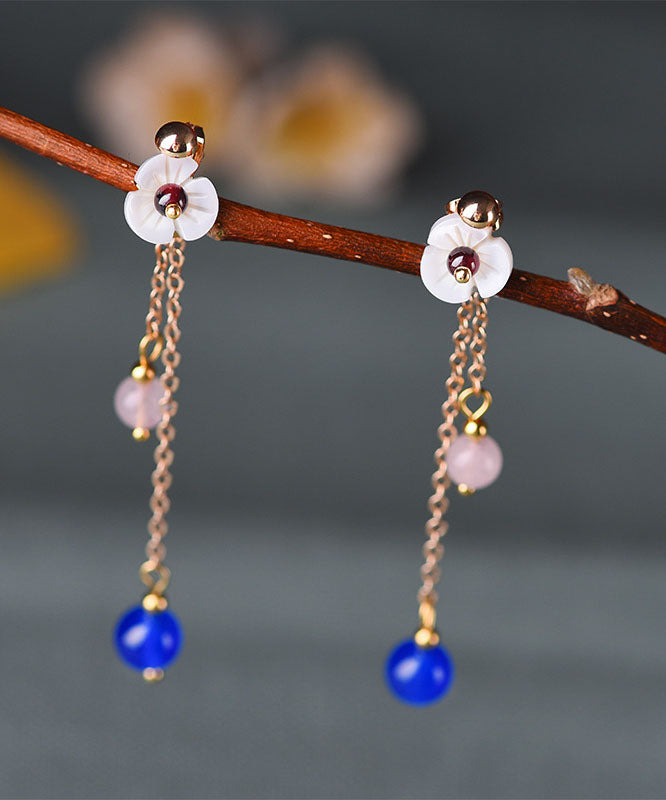 Blue Agate Shellfish Flower Tassel 14k Gold Drop Earrings