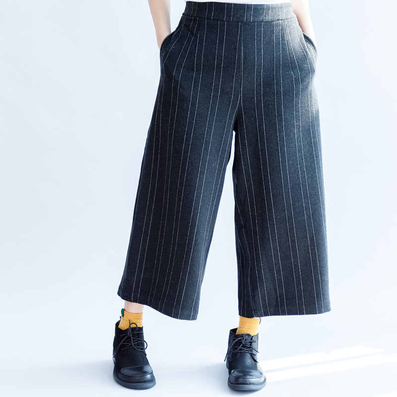 Dark Gray Woolen Cotton Pants Striped Wide Leg Pants
