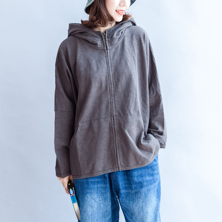 Dark Gray Zippered Cotton Tops Hooded Back Prints Batwing Sleeve Short Coats