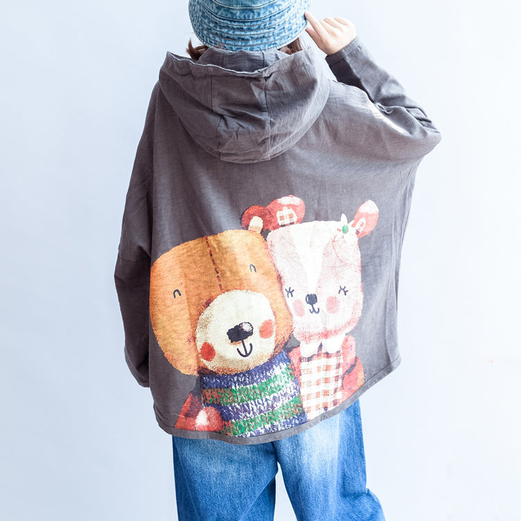 Dark Gray Zippered Cotton Tops Hooded Back Prints Batwing Sleeve Short Coats