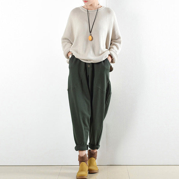 Dark Green Warm Cotton Winter Pants Oversized Pants