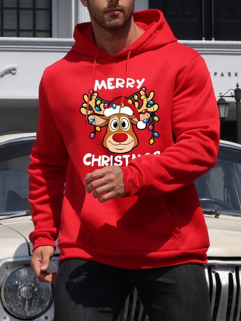 Christmas Hoodie with Reindeer Print Polyester Merry Christmas Design