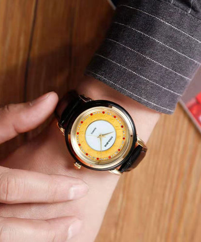 Black Leather Alloy Zircon Inlaid Jade Tempered Glass Waterproof Watch