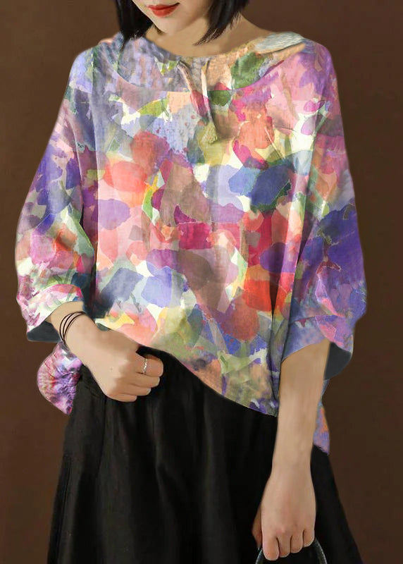 Unique Blouse Indian Linen Summer Literary White Flowers Hooded Three Quarter Sleeve T-shirt
