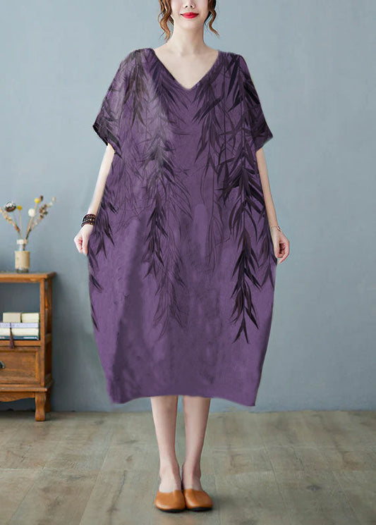 Purple Flowers V Neck Print Long Dress Short Sleeve