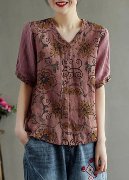 Loose Pink V Neck Embroideried Summer Cotton Blend Shirt