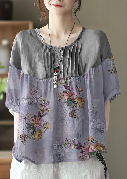 Khaki Feathers Grey Button Linen Tops Half Sleeve