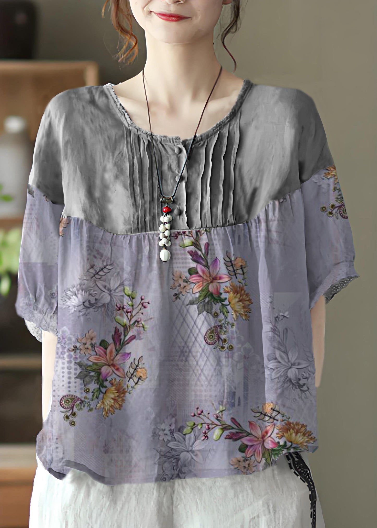 Light Blue Grey Button Linen Tops Half Sleeve
